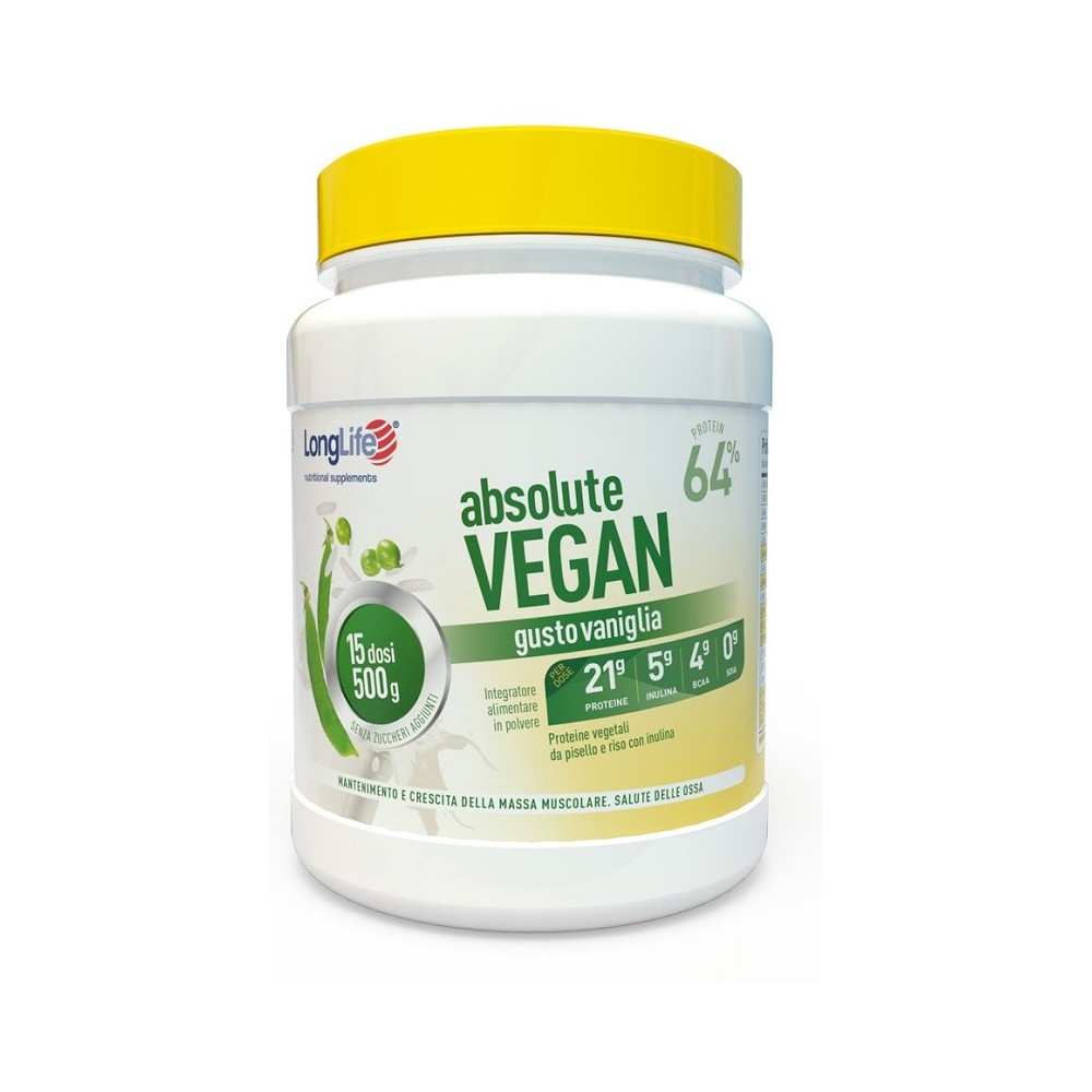 ABSOLUTE VEGAN Gusto vaniglia in polvere 15 dosi da 500 gr Long Life